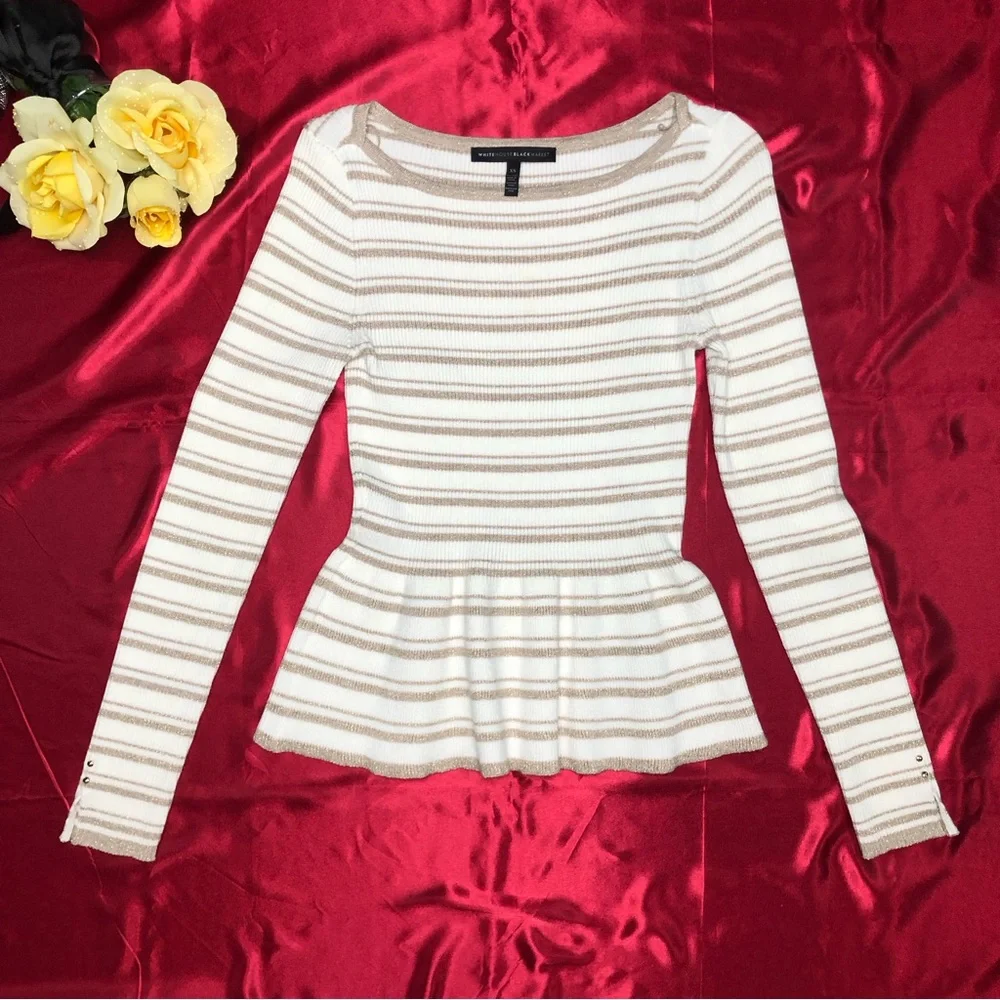 White House Black Market Boat Neck Peplum Hem Metallic Thread Stripped Sweater - Picture 2 of 11